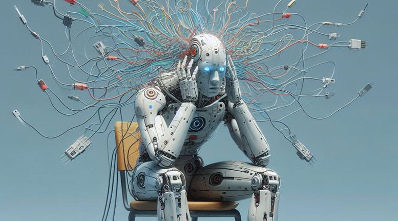 An AI robot with wires coming from its head, representing AI hallucinations and misinformation